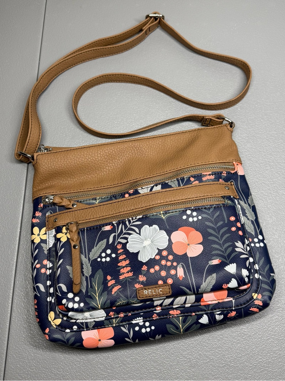 Relic Navy Floral Crossbody with Tan Trim and Coral Accents